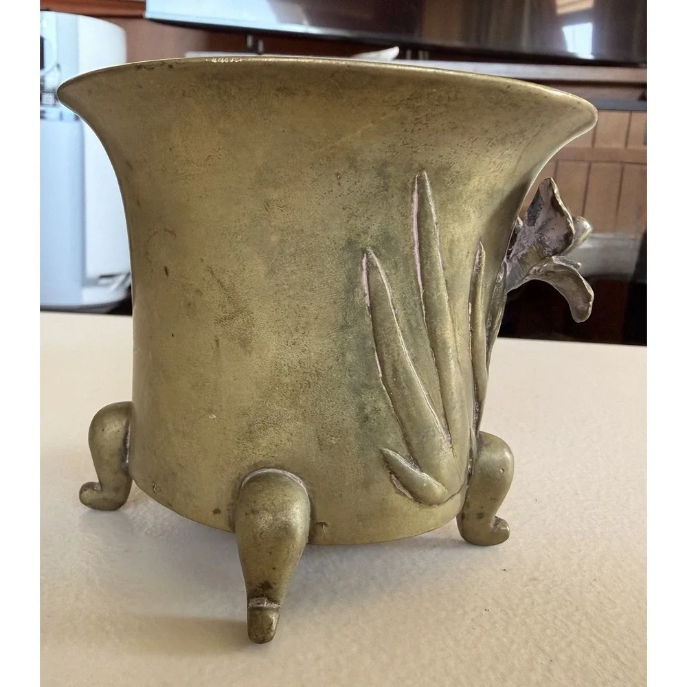 Antique Art Nouveau Brass Cachepot Iris Floral Footed Jardiniere Planter Vase